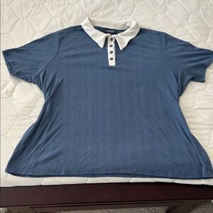 ModCloth Blue Polo Top with Contrast White Collar
